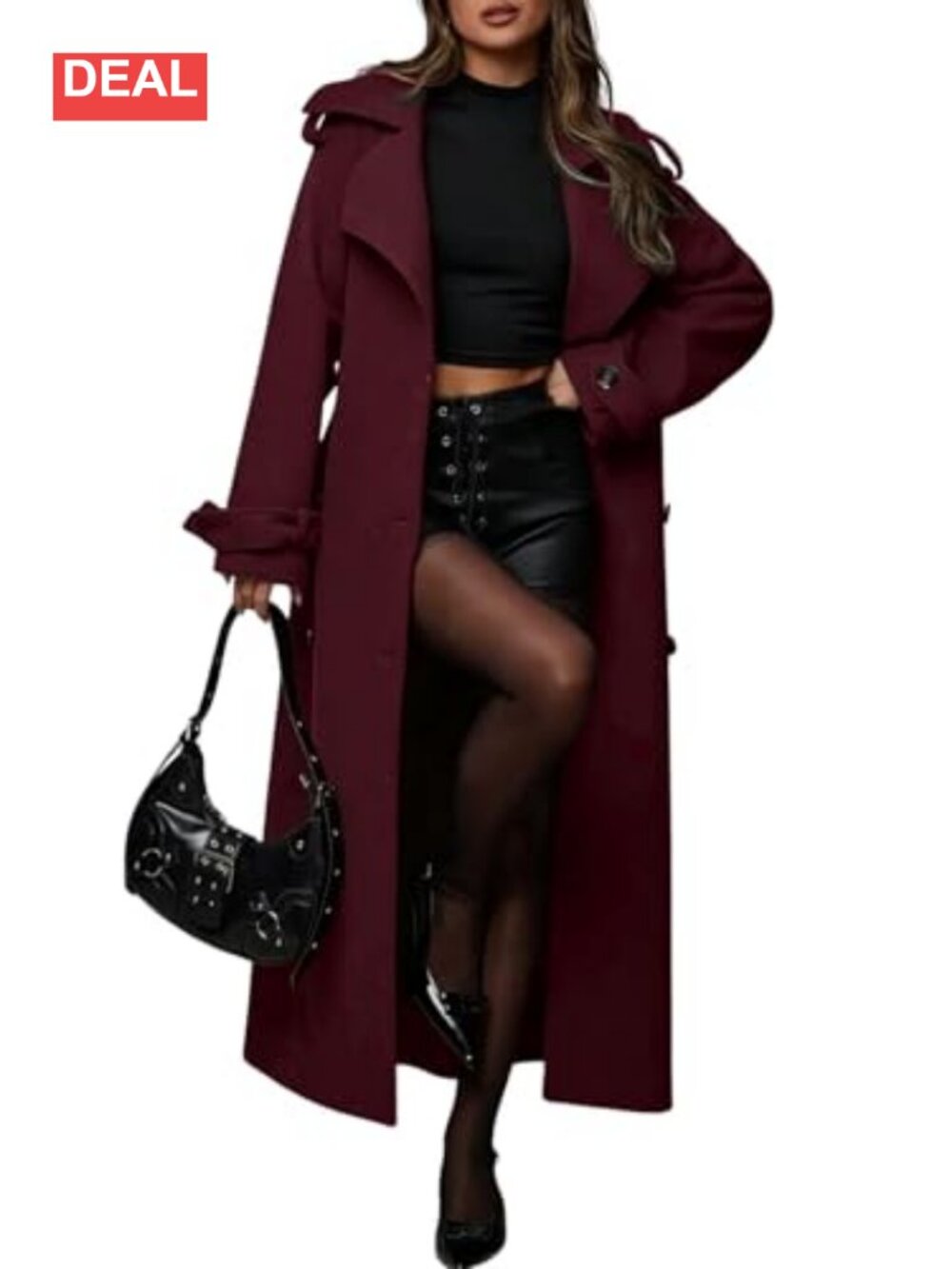 Wool Blend Pea Coat Double Breasted Midi Trench Coat with Belt